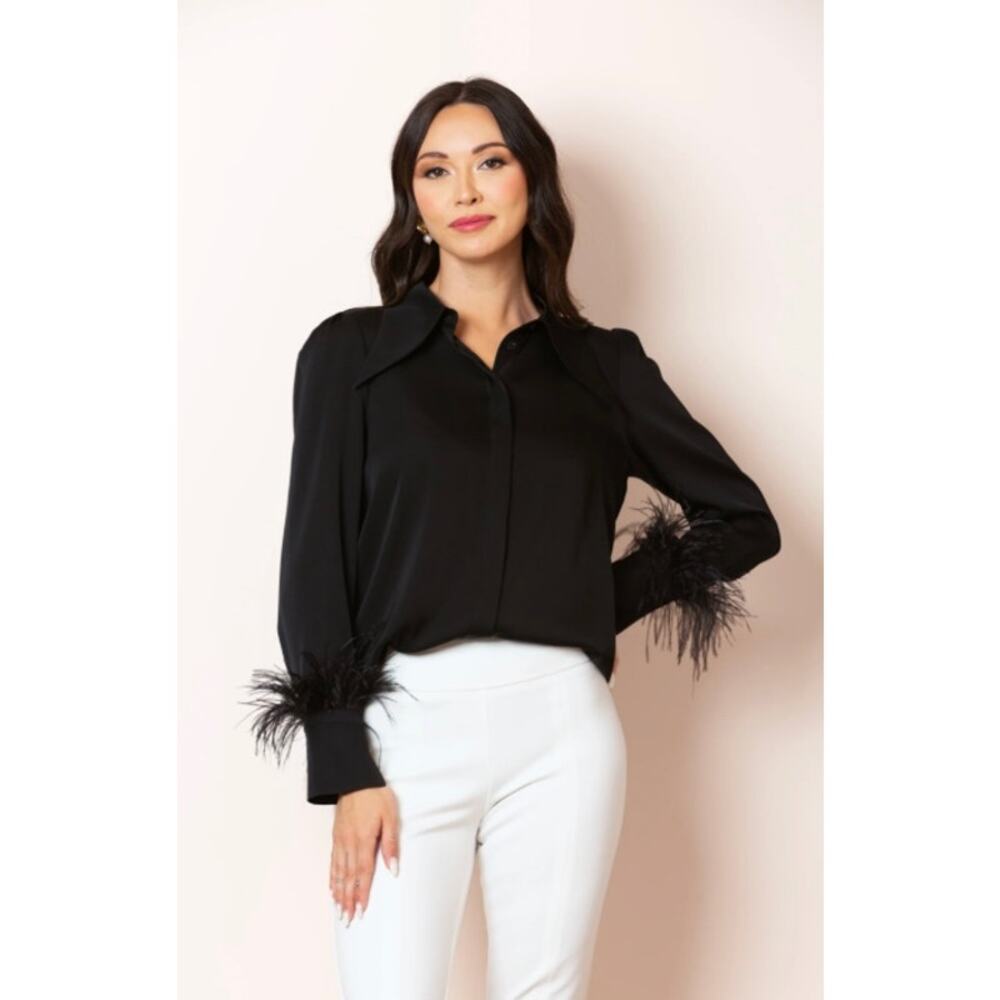 Jessie Liu San Francisco‎ Black Silk Feather Cuff Blouse Large